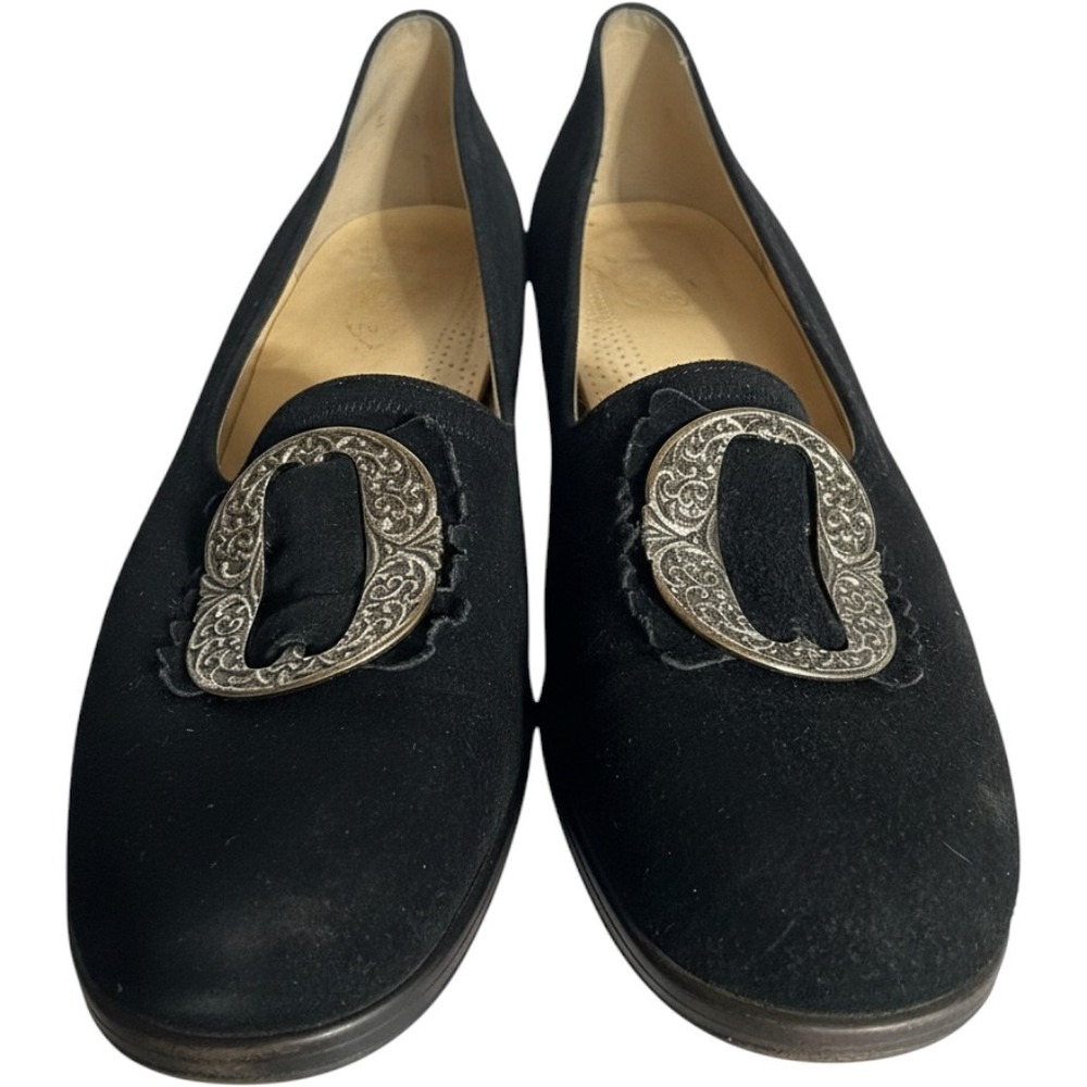 Salzburger Trachtenschuhe Vintage Black Suede Ornate Buckle Pumps Block Heel 5.5